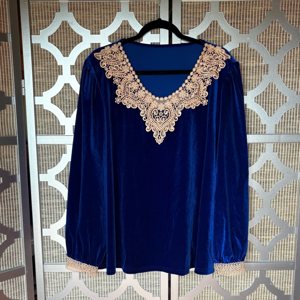 SHEIN Royal Blue Velvet Blouse with Cream Lace - Picture 1 of 6